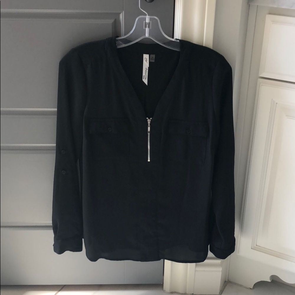 NY Collection Zip front Blouse-black